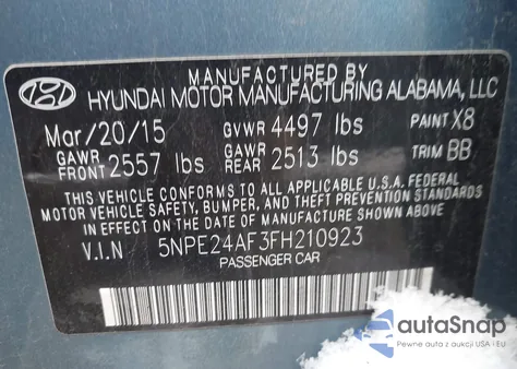 2015 Hyundai Sonata Se from USA, damaged, VIN 5NPE24AF3FH210923